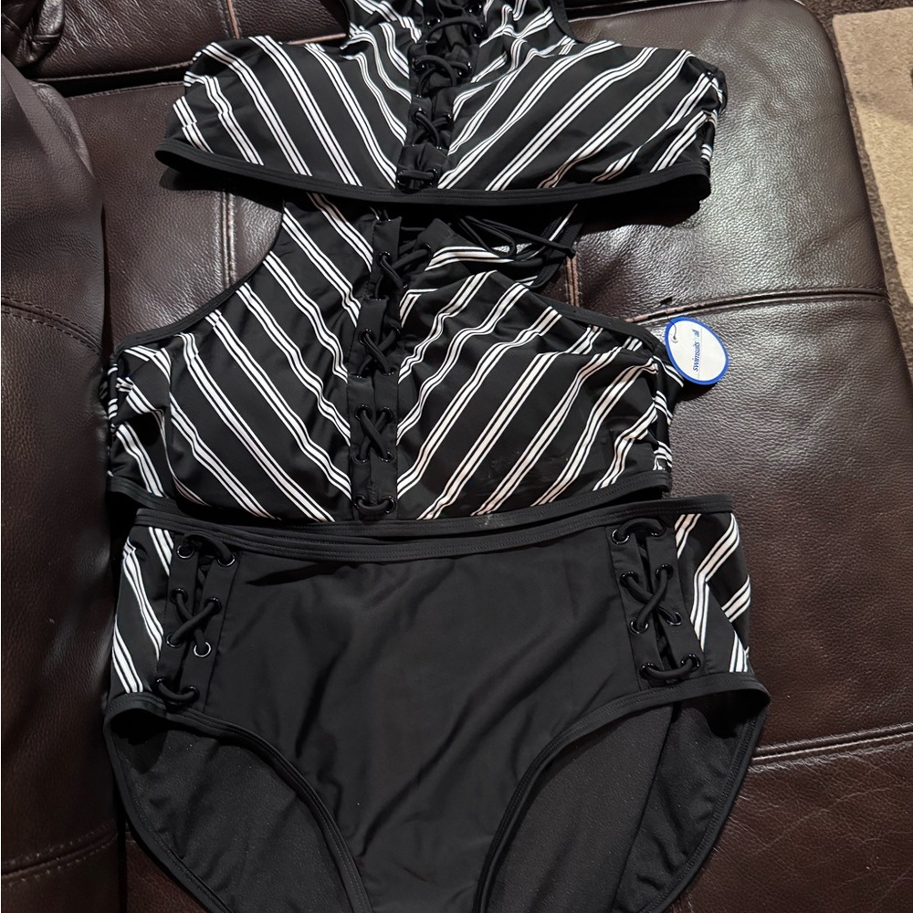 Swimsuits For All Black and White Striped Swimsuit